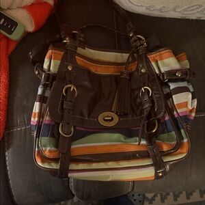 Coach Multicolor Striped Shoulder Bag with Brown Trim